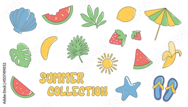 Fototapeta A collection of vector illustrations on the theme of summer, including fruits, marine elements, tropical leaves and beach attributes. It is ideal for creating summer designs, postcards, stickers. A se