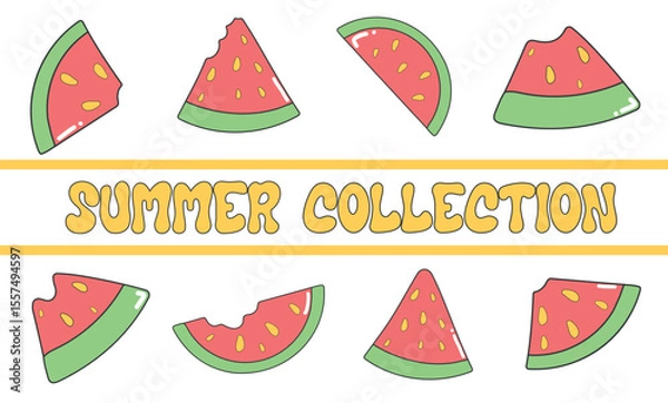 Fototapeta A set of vector illustrations with cartoon watermelon pieces for summer design. Illustrations with watermelons of different shapes and bites in vector format