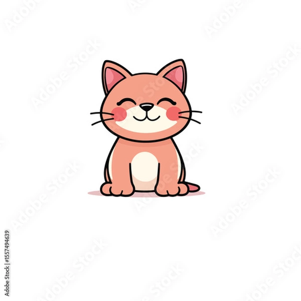 Fototapeta Vector art of a cute cartoon cat sits happily, isolated on white background