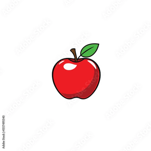 Fototapeta Vector art of a shiny red apple with a green leaf isolated on white background