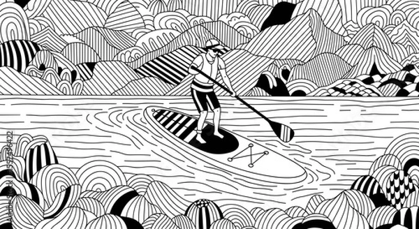 Fototapeta Person paddle boarding on calm water, surrounded by detailed line art mountains and clouds.the black and white coloring book illustration with paddleboarder on the lake