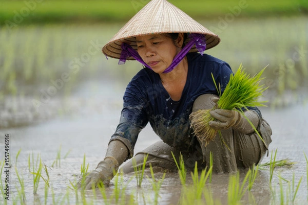 Fototapeta Woman in traditional conical hat is planting rice seedlings in flooded field, showcasing agricultural practices and dedication to rice farming in lush green environment