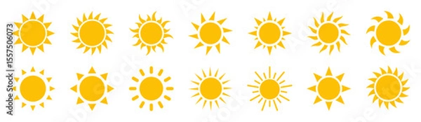 Fototapeta Collection of sun icons with various ray shapes. Perfect for weather apps, summer themes, travel graphics, UI elements, and climate or sunlight related vector designs. Icons, vector.