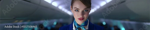 Fototapeta Flight Attendant Greeting Pose Professional Model with Travel-Themed Space captures warmth, professionalism, the welcoming spirit modern air travel. The model’s poised gesture polished uniform reflect
