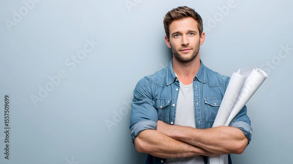 Fototapeta Modern Architect with Blueprint Confident Stance on Minimal Studio Background embodies vision,precision,creative leadership.architect’s firm posture and focused expression reflect confidence in design