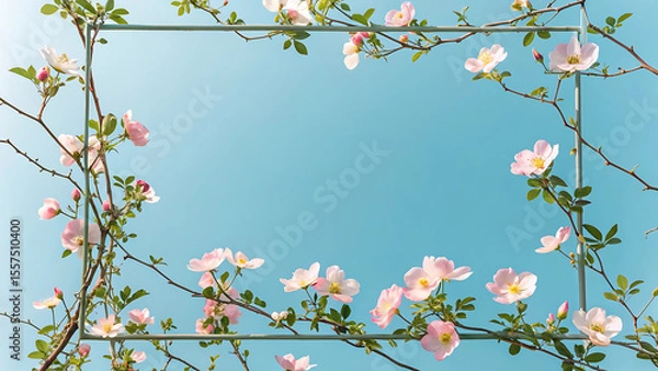 Fototapeta Floral Frame with Pink Blossoms and Sky Blue Background, Ideal for Springtime Invitations and Announcements