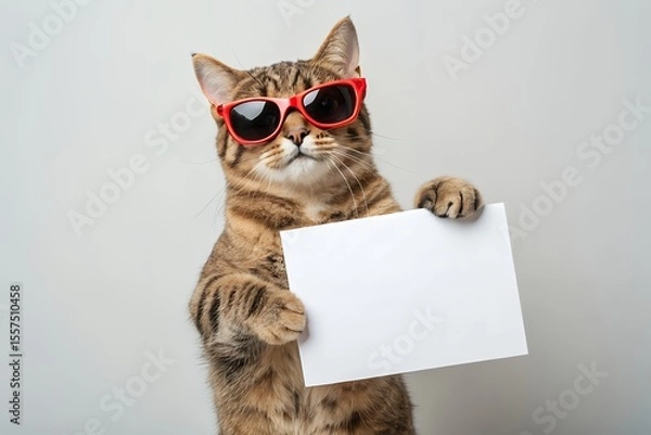 Fototapeta A cute tabby cat wearing bright red sunglasses is holding a blank white sign with its paws looking directly at the camera with a curious expression against a plain light gray background
