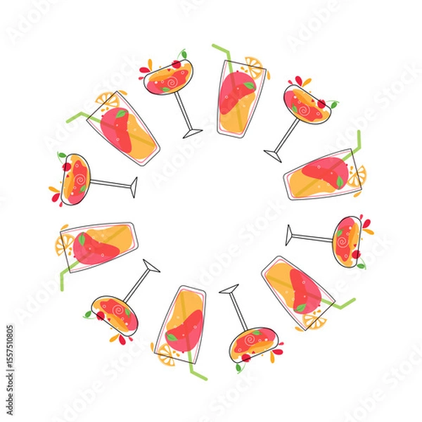 Obraz Frame, banner, fruit cocktails. Multicolored drinks in wine glasses. Mixed cold drinks. Alcohol, lemonade. Flat icons, white isolated background with place for text.