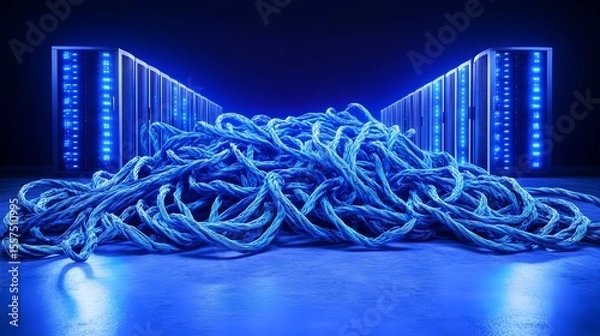 Obraz Server room cables tangle, data center, network, chaos, blue light