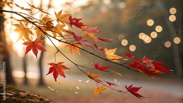 Fototapeta Autumnal Serenity Vibrant Maple Leaves in Warm Sunlight and Soft Bokeh Background an Enchanting Fall Scene