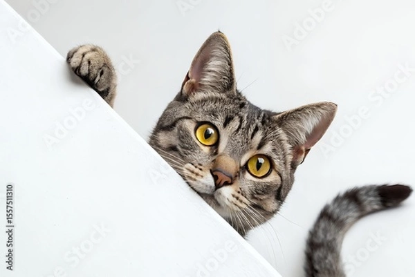Fototapeta Curious tabby cat peeking over a white surface with bright yellow eyes and a paw reaching out showcasing its striped tail and whiskers