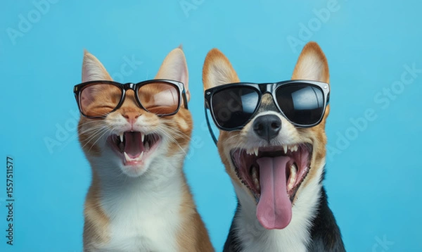 Obraz Cat and a dog wearing sunglasses pose together, both appearing to laugh joyfully against a bright blue background
