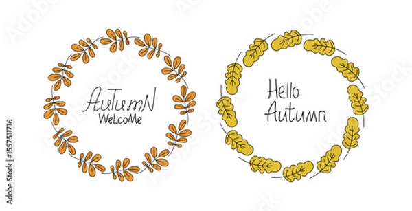 Obraz Frame round, banner autumn. Abstract autumn leaves, wreath, leaf fall. Welcome, hello autumn, inscription. Hand lettering, doodle, drawings. Natural botanical background.