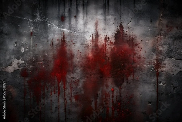 Fototapeta A dark textured concrete wall with dramatic splatters and drips of bright red liquid suggesting blood or paint creating a grunge and ominous atmosphere for horror themes
