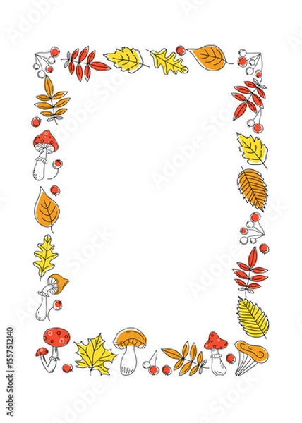 Obraz Frame, banner vertical, rectangular, autumn leaves, fly agarics, mushrooms, berries. Natural background with flying leaves. Place for text, postcard, invitation. Harvest festival. Leaf fall. Doodle.