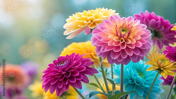 Fototapeta A Vibrant Garden Display of Colorful Dahlias in Full Bloom a Symphony of Pink Yellow and Aqua Hues