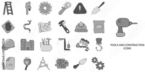 Fototapeta Tools and Construction simple concept 24 hand drawn Grew color icons set .Vector illustration.	