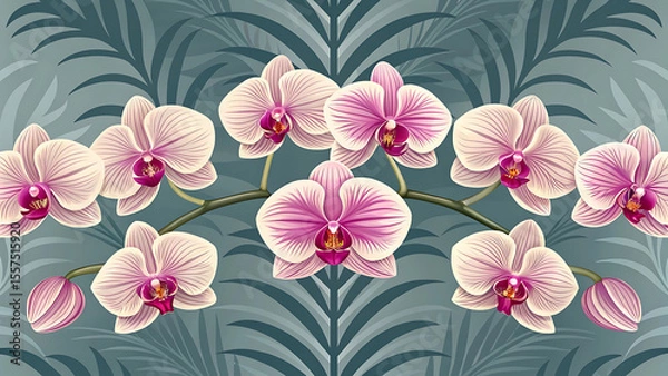 Fototapeta Elegant Arrangement of Pink Orchids in Full Bloom Against a Stylized Botanical Background Artistically Presented with Gentle Light and Shadow