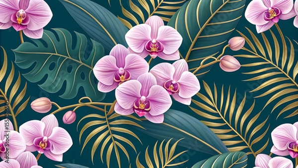 Fototapeta Elegant Orchid and Tropical Leaf Pattern A Symphony of Pink Blooms and Golden Fronds on Teal Backdrop