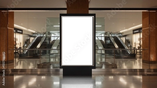 Fototapeta Billboard mock up inside department store. Template of an interior empty information billboard, Mock-up of a shopping mall banner placeholder and poster