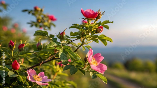 Fototapeta Pink Wild Rose Blossoms in Golden Light A Serene Nature Scene with Buds and Greenery Against a Soft Sky