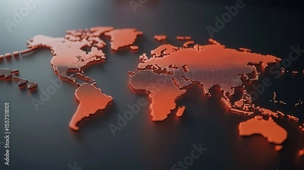 Fototapeta Dotted orange world map displayed on a dark grey background showing continents like Africa Europe Asia and the Americas