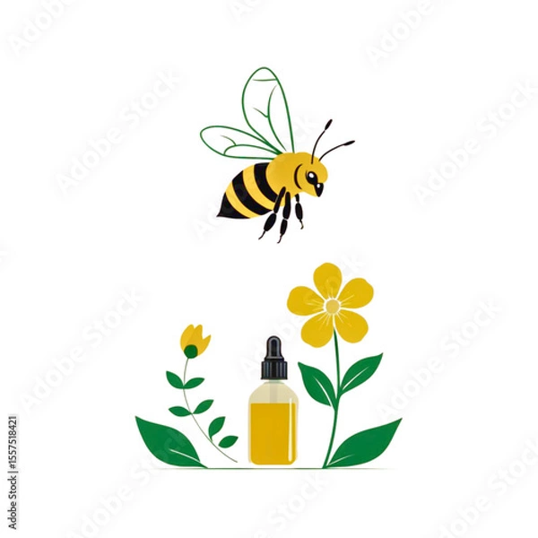 Fototapeta Illustration of a bee flying above a dropper bottle of yellow liquid surrounded by flowers and leaves