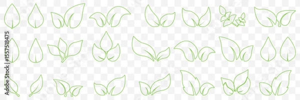 Fototapeta Flat Green Leaf Icon Set – Eco, Bio, Vegan Symbols for Nature and Organic Design in Editable Stroke on Transparent Background. EPS 10.