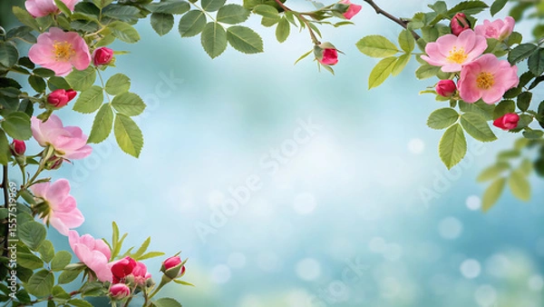 Fototapeta Delicate Pink Roses and Green Leaves Framing a Serene Light Blue Backdrop with Bokeh Effects