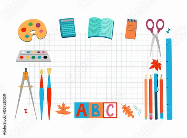 Obraz Banner stationery. School, office supplies. Frame, squared sheet. Academic year, education. September 1, Knowledge Day, place for text. Background isolated, squared paper.