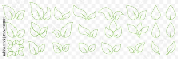 Fototapeta Flat Green Leaf Icon Set – Eco, Bio, Vegan Symbols for Nature and Organic Design in Editable Stroke on Transparent Background. EPS 10.