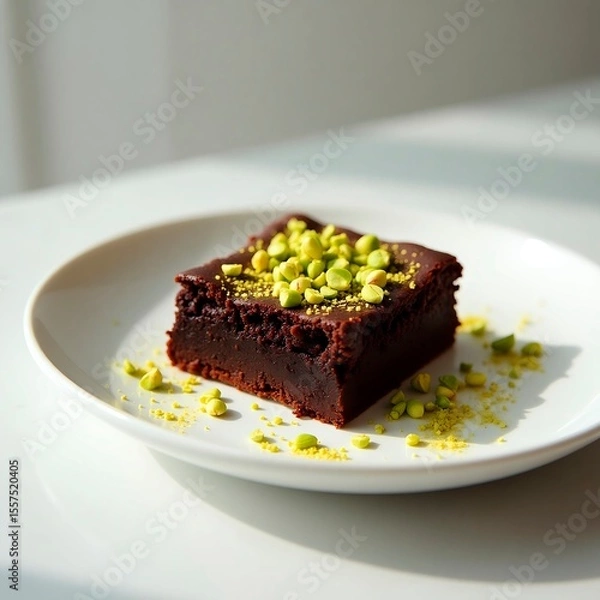 Fototapeta Chocolate cake brownie with pistachio nuts on a plate. Chocolate cake for a coffee shop, bakery store, business cards, menus, American European cuisine. Square banner, copy space, free space for text