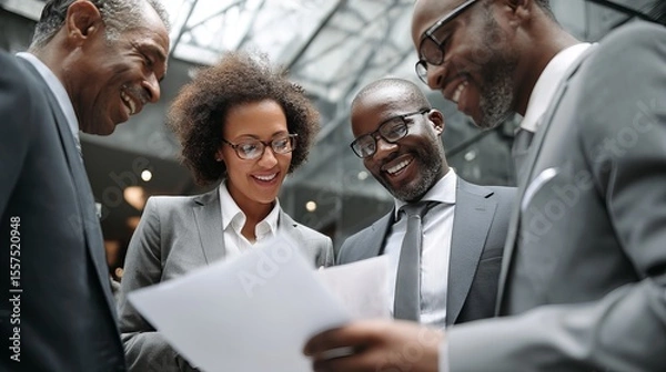 Obraz Four diverse professionals in business attire smiling and discussing documents in a modern office setting.