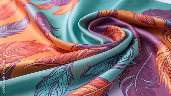 Fototapeta Elegant Silk Scarf Displaying a Beautiful Feather Pattern in Shades of Teal, Orange, and Purple Creating a Swirling Design