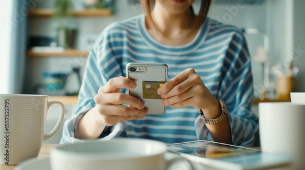 Obraz Woman making a mobile payment with a credit card and smartphone at a cozy kitchen table