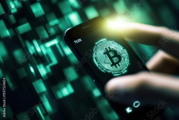 Fototapeta Closeup hand using smartphone bitcoin wallet glowing green. AI-generated.