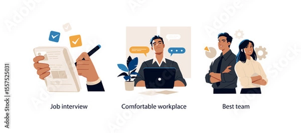 Fototapeta Three digital illustrations showing a job interview process, a relaxed office work environment, and a confident business team.