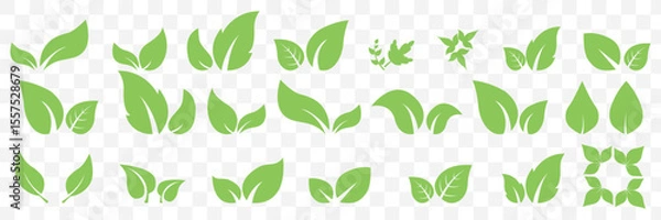 Fototapeta Set of green leaf icons. Green color. Leafs green color icon logo. Leaves on white background. Ecology. Vector illustration on Transparent Background. EPS 10.