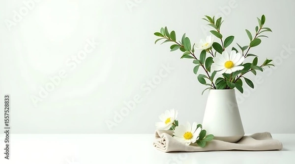 Fototapeta Elegant white and green floral flatlays, overhead style with varied vase positions and clean space—ideal for premium covers and digital branding, Mockup for workspace concept.