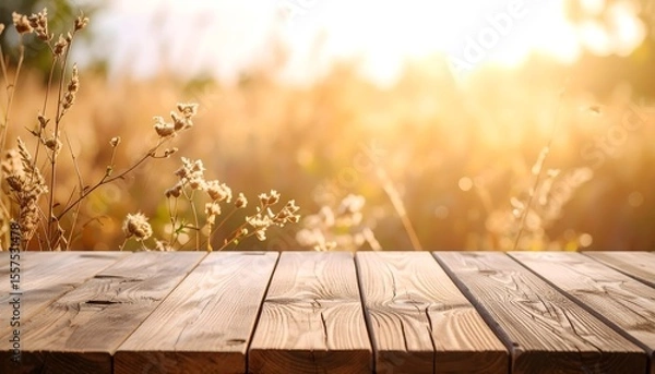 Fototapeta Wood Surface wooden tabletop with  Dried Botanicals for product placement and advertisement