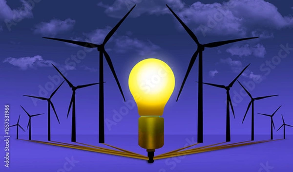 Obraz Ten electric producing wind turbines power a light bulb in a 3-d illustration about alternative energy sources.