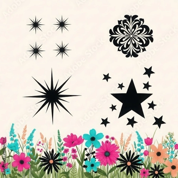 Obraz Whimsical composition featuring colorful flowers and black starbursts and stars on a cream background