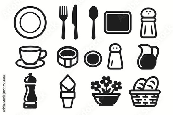 Fototapeta Kitchen utensils and tableware icons: plate, utensils, salt, pepper, cup, pitcher, basket