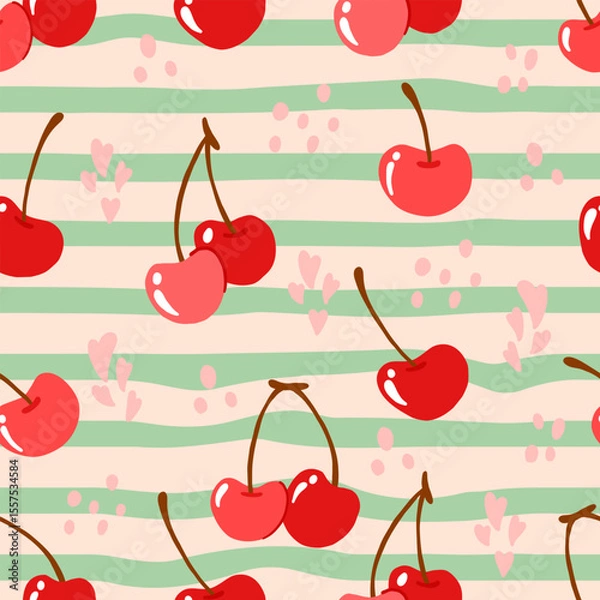 Fototapeta Cherries seamless pattern on green and broken white stripe background. Hand drawn cute cherry and love pattern.