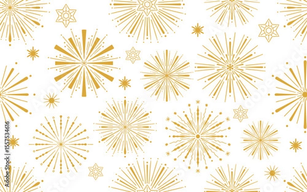 Fototapeta Hand drawn doodle fireworks Seamless Pattern. Gold fireworks pattern in white background.