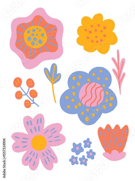 Fototapeta Set of abstract retro flower in funky groovy style. Collection of spring colorful flower elements.