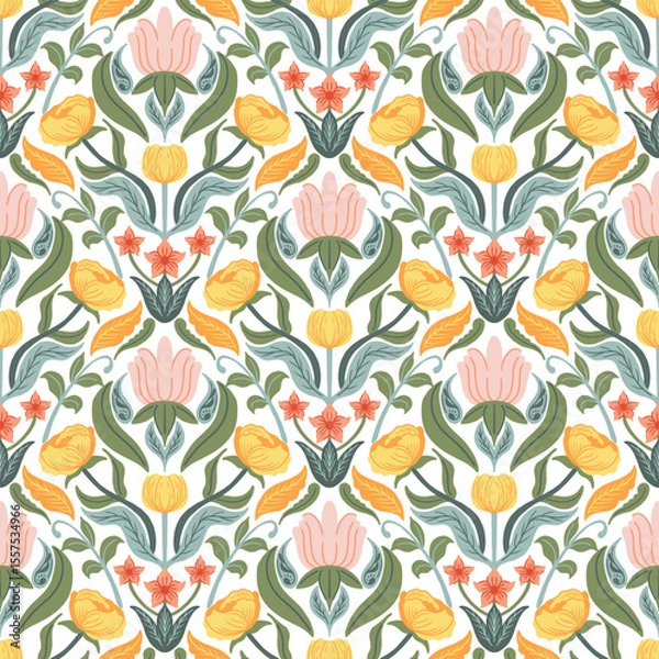 Fototapeta Colorful flower seamless pattern with folk art design elements. Decorative floral pattern for textile, fabric, wallpaper, background.