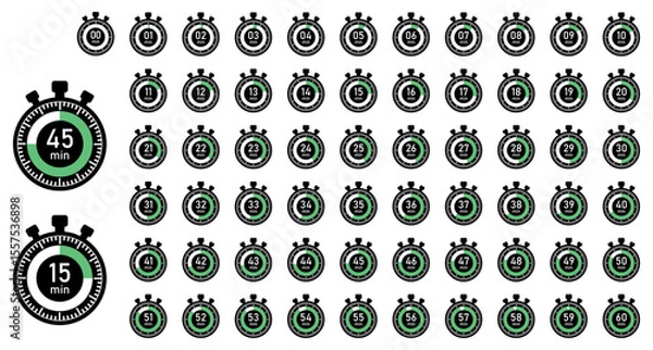Fototapeta Stopwatch timer icon set from 1 to 60 minutes with circular progress rings. Ideal for fitness apps, schedules, time trackers, countdown designs, or productivity related user interfaces. Icons, symbols