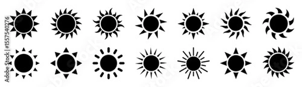Fototapeta Collection of sun icons with various ray shapes. Perfect for weather apps, summer themes, travel graphics, UI elements, and climate or sunlight related vector designs.