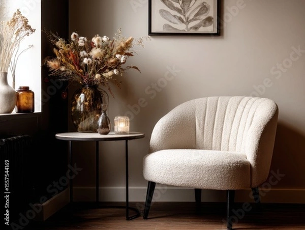 Fototapeta A white chair is sitting in front of a table. The chair is covered in white fur. A vase with flowers is on the table